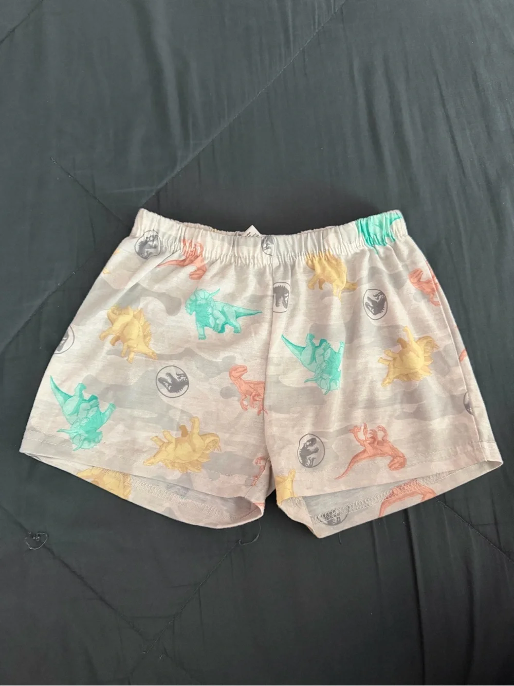 Beige Kids Dinosaur Pajama Shorts with Colorful Dino Print